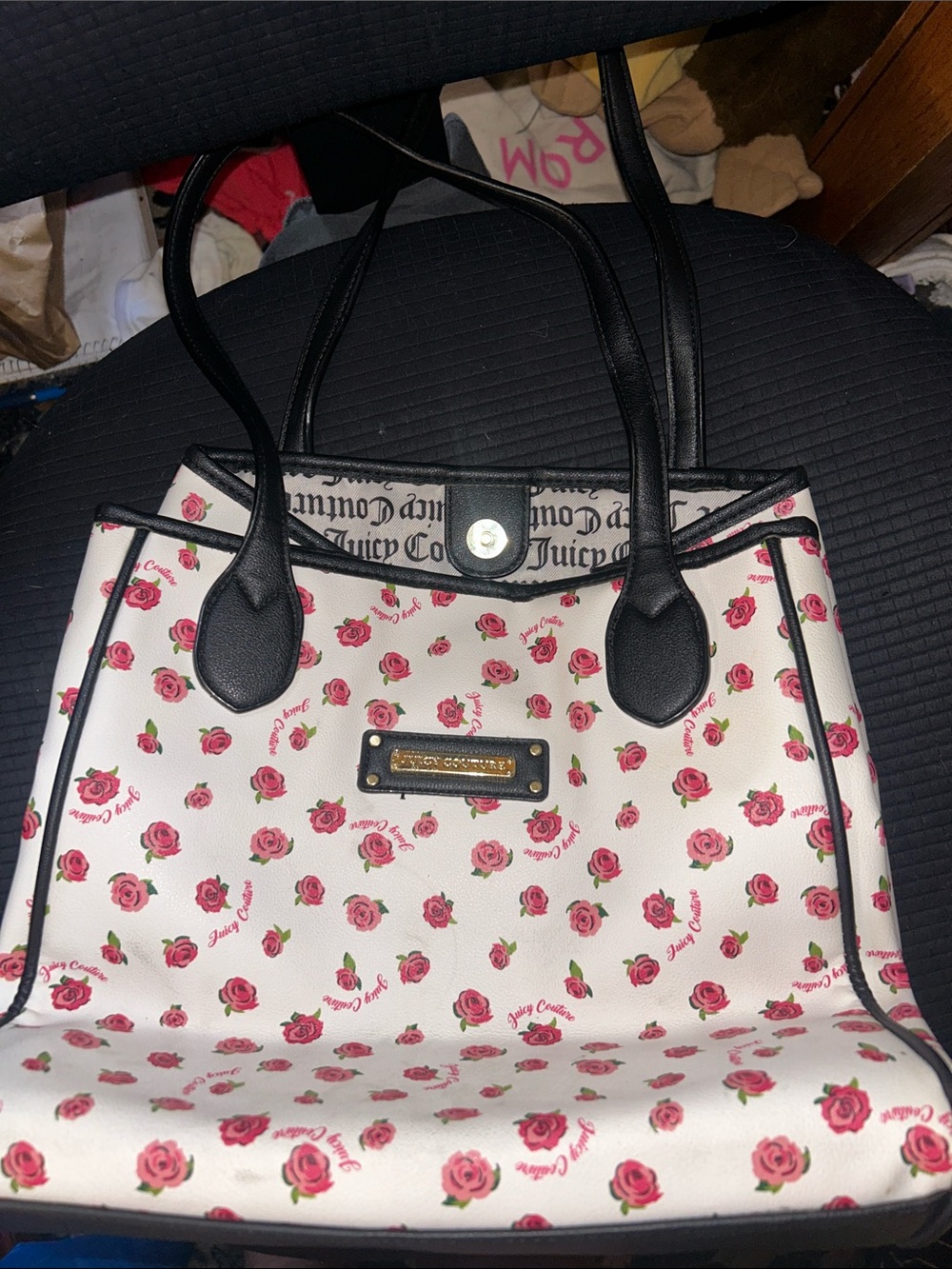 Juicy Couture Pink Rose Print White Tote with Black Trim-NEW